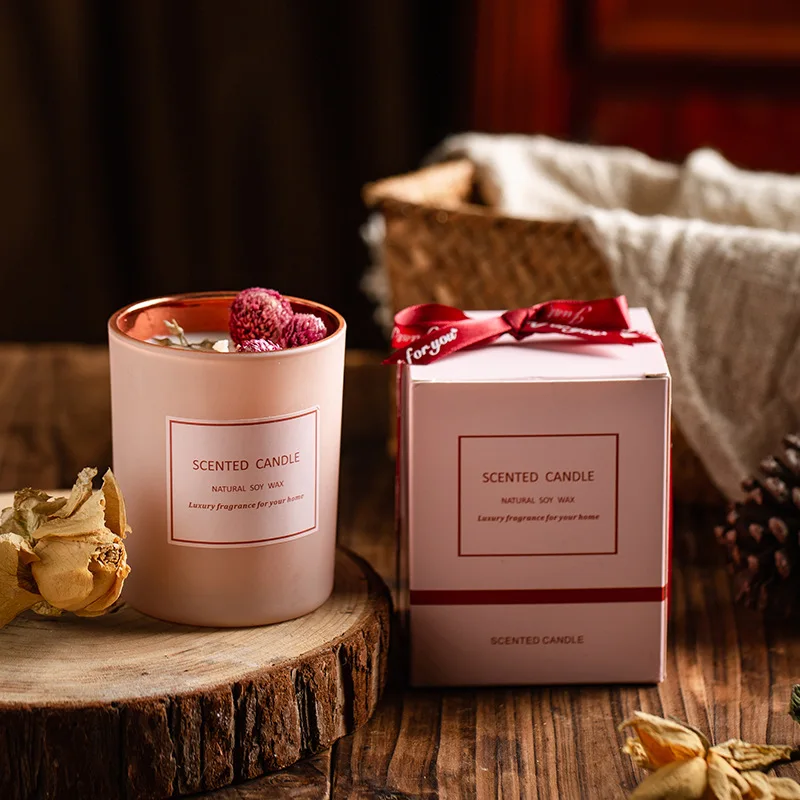 Pink electroplated cup scented candles atmosphere decorated candles with gifts scented candles dried flowers.