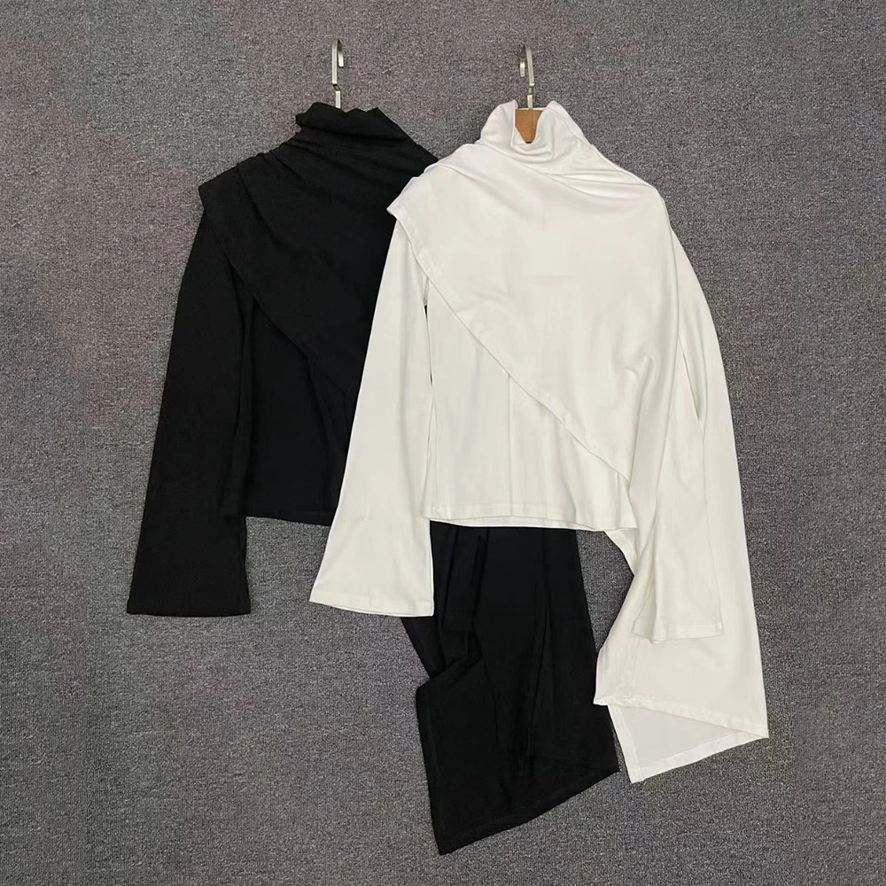 2024 Spring And Summer New Women's T-shirt Y2k Simple Casual Commuter Flare Sleeve High Neck Shawl Style Top Two Piece Set