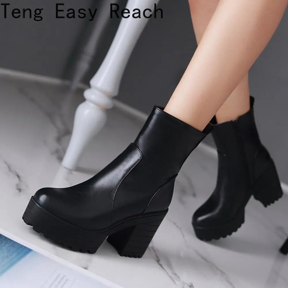 2023 Women Ankle Boots Square High Heel Lace Up Round Head Women Platform Black White Ladies Motorcycle Boots Size 34-43