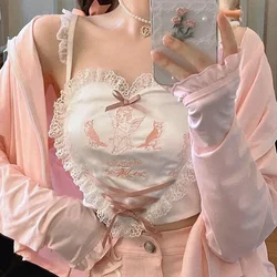 Y2k Summer Sling Top A forma di cuore dolce ragazza carina Kawaii Lace Trim Bow Inside A Sling Vest Lolita 90s estetica Crop Top donna