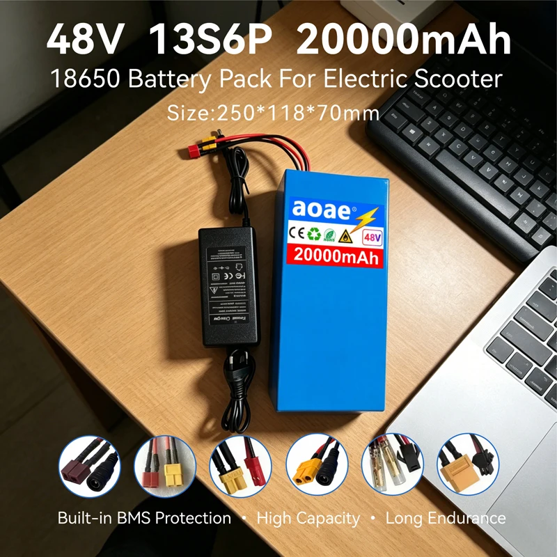 48V Lithium Battery Pack 20Ah 13S6P 18650 Grade A Cells Built-in BMS  for E-Scooter 500W-2000W T-XT60 Long Range Safe Durable