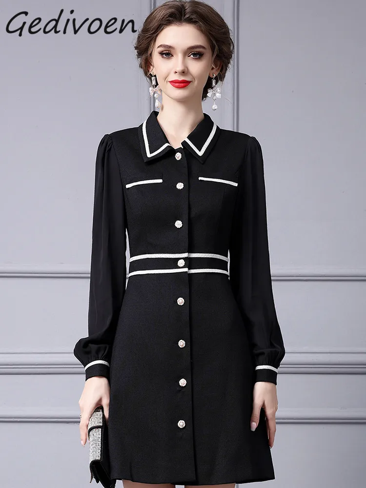

Gedivoen Autumn Fashion Designer Black Vintage Party Dress Women's Lapel Single Breasted Pocket High Waist Slim Mini Short Dress