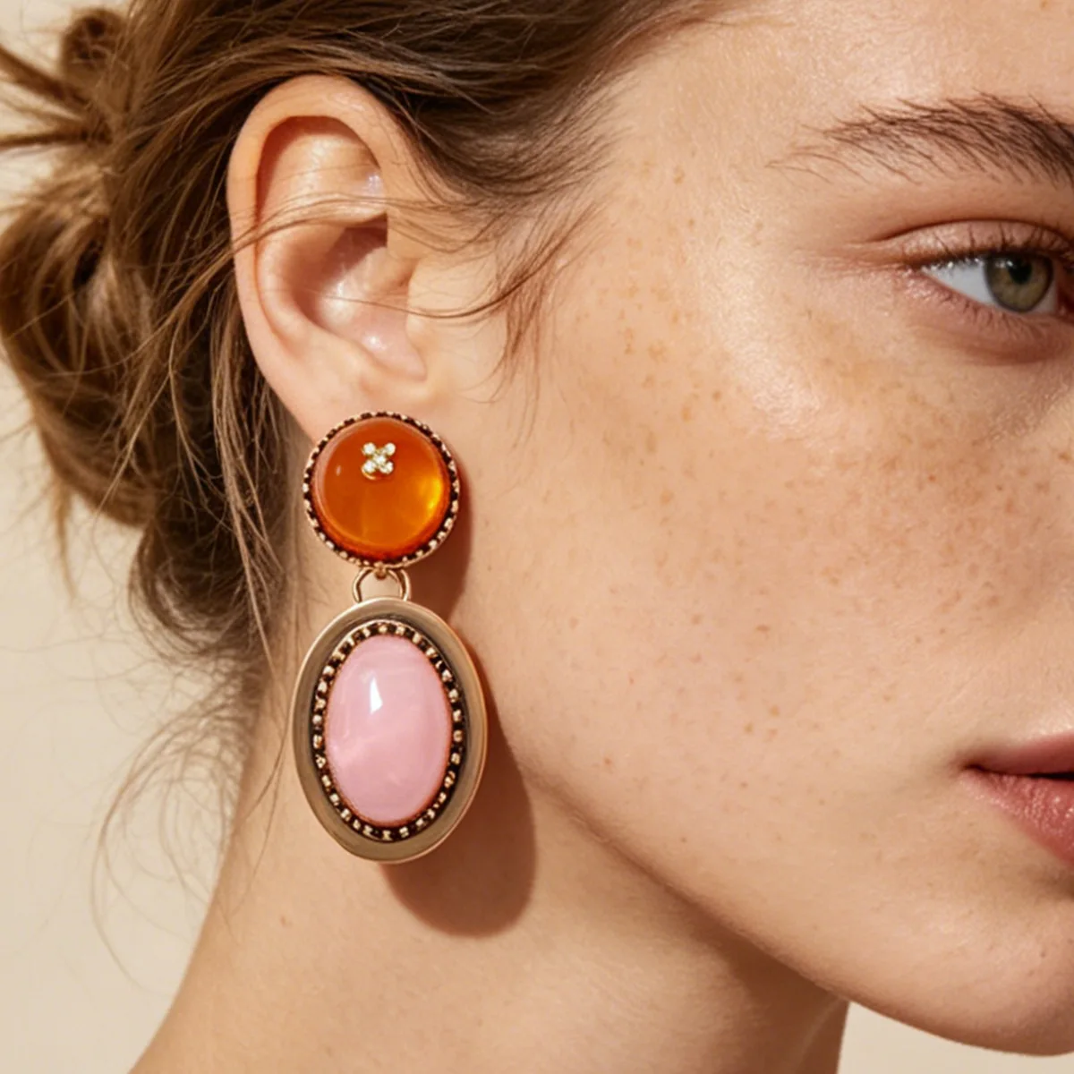 Indian Vintage Pink Orange Resin Round Oval Dangle Earrings For Women Boho Ethnic Retro Geometric Statement Drop Earring Jewelry