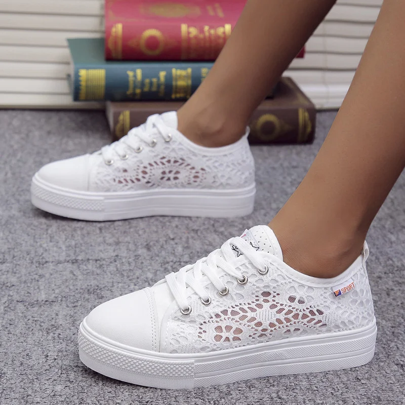 Women Shoes 2022 Fashion Summer Casual White Shoes Cutouts Lace Canvas Hollow Breathable Platform Flat Sneakers Zapatillas Mujer