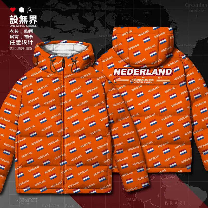 Netherlands Nederland NLD country flag White duck down Jackets jacket printing stand collar Casual mens Man down coat Winter