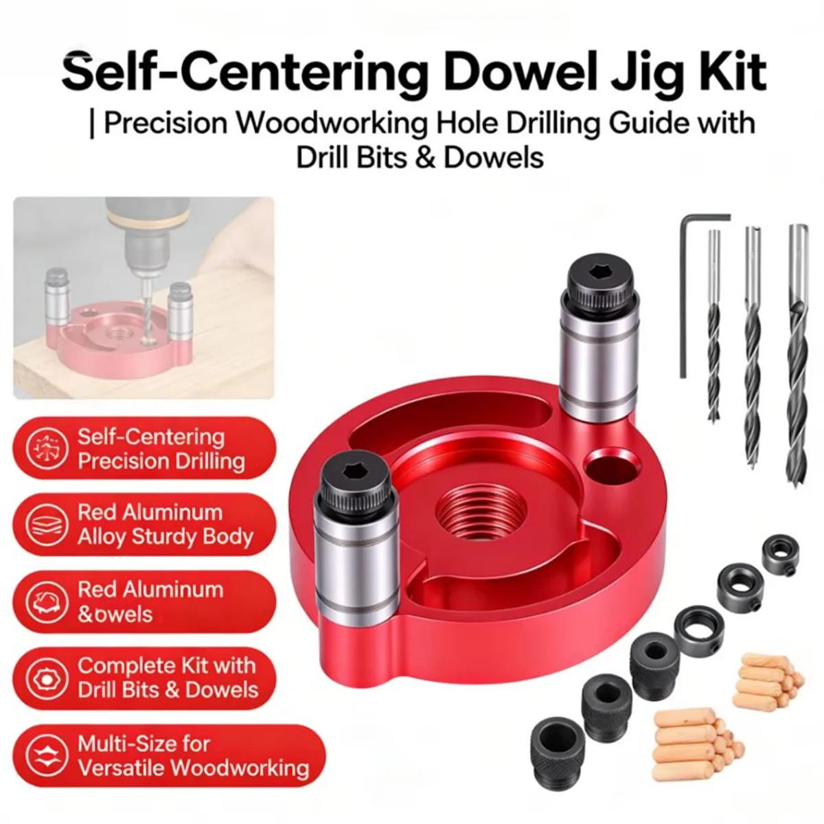 6-10mm Dowel Jig Kit - Self Centering Drill Guide Locator with 3 Steel Bushing -Woodworking Aluminum Alloy Hole Puncher Tool