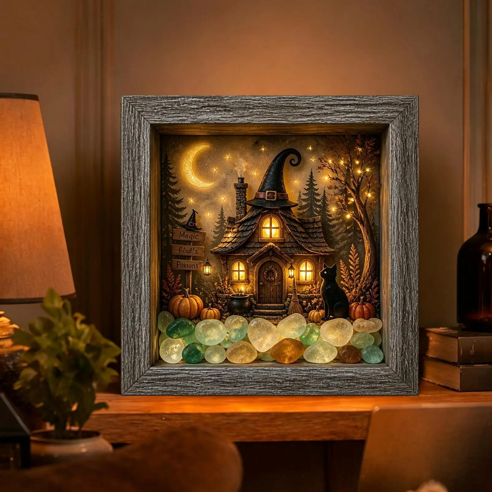 Halloween Table Top Decorations Sea Glass Stone LED Memory Box Set 21.5x21.5x3.7cm Lighted Halloween Table Decor For Mantel - view 3