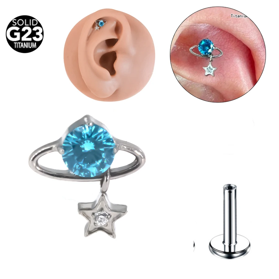 1Pc Fashion F136 Titanium 16G Hot Sale Labret Piercing Earrings Eternal Metal Universe Internally Threaded CZ Star Shape