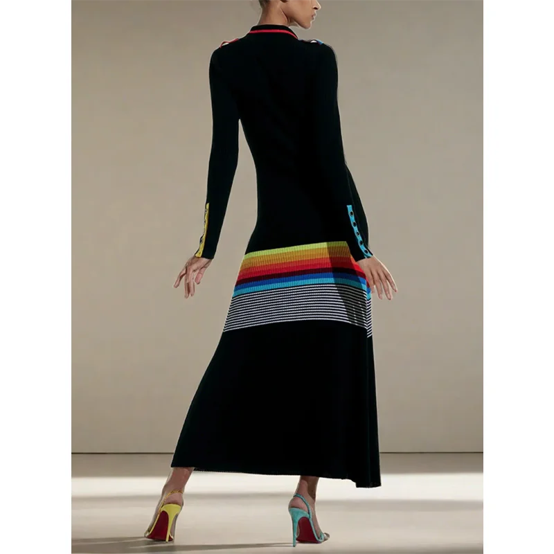 Jennifer-vestidos de falda de punto para mujer, vestidos largos con solapa a rayas, ajustados, de manga larga, a la moda, 2024