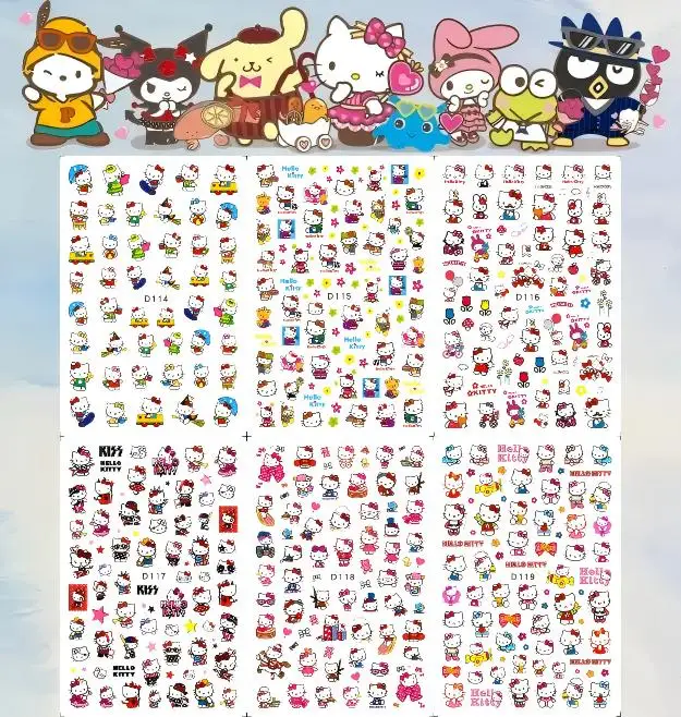 6PCS 3D Sanrio Collection Nail Stickers Japanese style Nail Art Accessorie Cute Character Print Bow Detail Kawaii Stickers