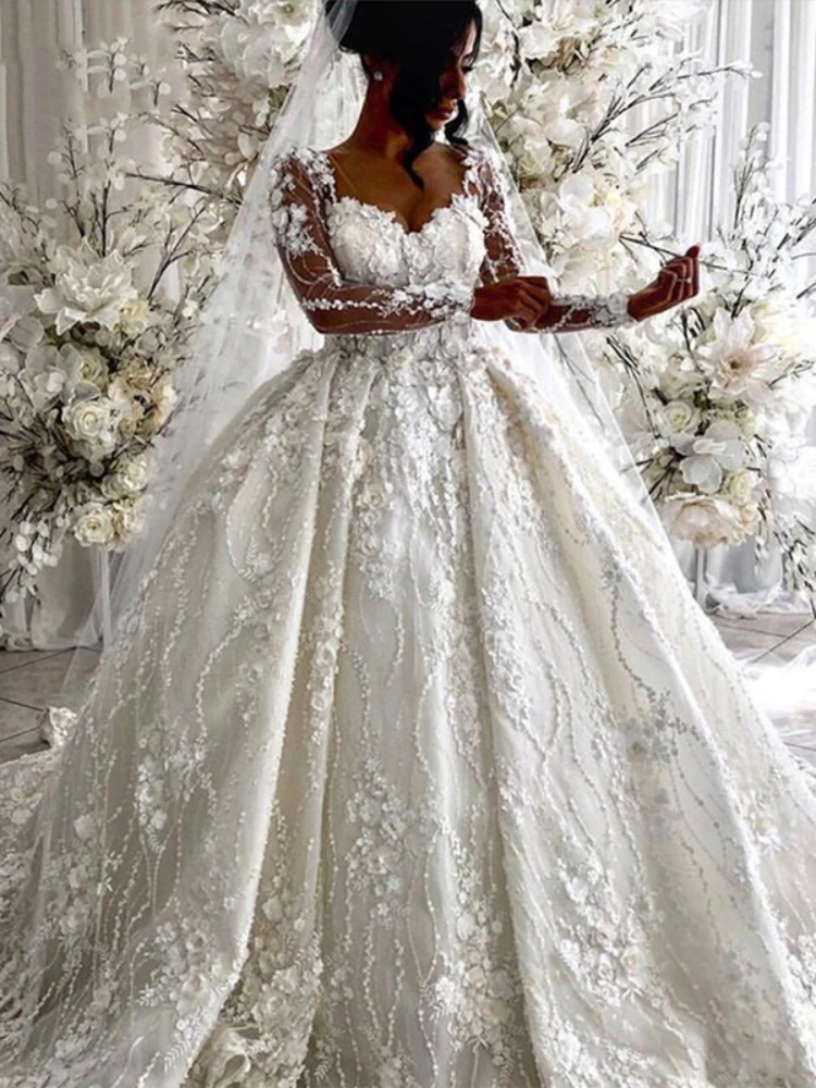 Luxury Ivory Wedding Dresses Arabic 3D Floral Illusion Long Sleeves O- neck Button Back Royal Bridal Gowns Vestidos De Novia