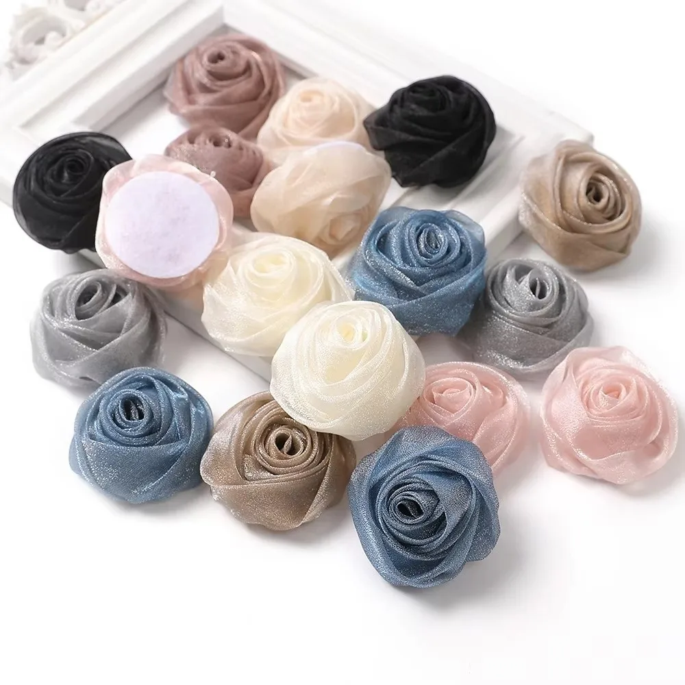 3Pcs 5cm Organza Fabric Rose Flower Fabric Flower Shape Artificial Flower Head Colorful Chiffon Artificial Flower