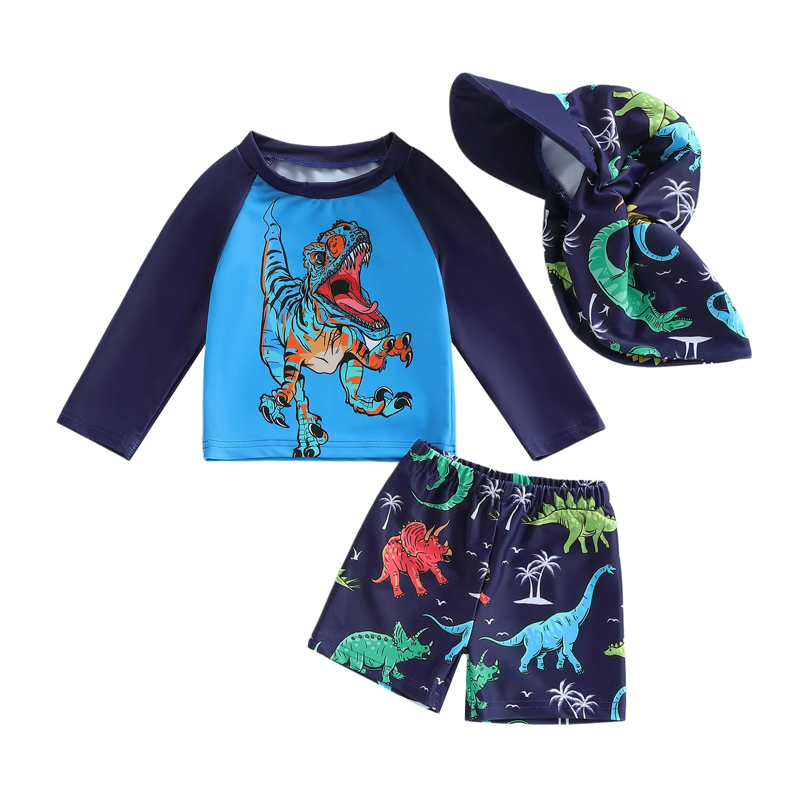 

Baby Boy Rash Guard Swimsuits Long Sleeve Dinosaur Print Bathing Suit Swimwear with Hat