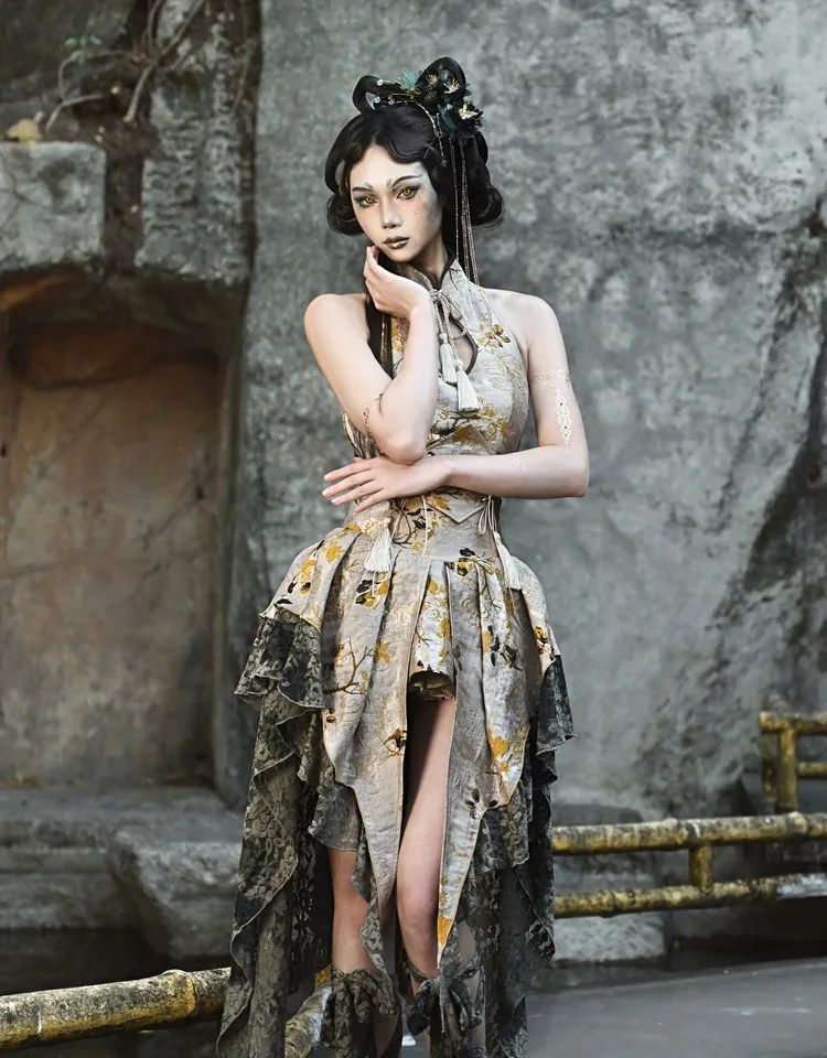 Temperament New Chinese Style Jacquard Lace Trailing Skirt Spring Autumn Fashion Girl Versatile Loose Irregular Street Skirts