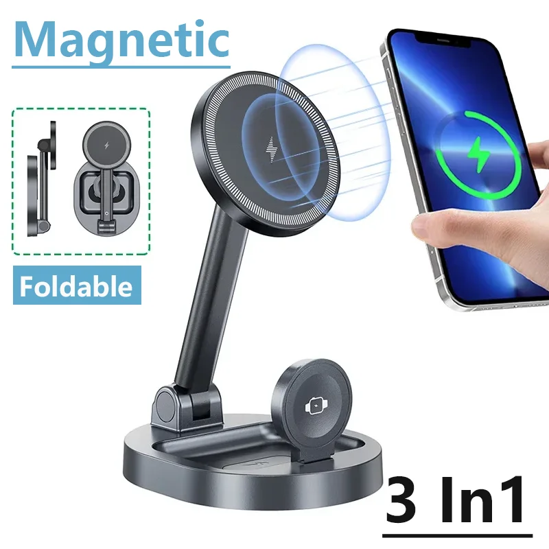 Foldable 3 In 1 Magnetic Wireless Charger Stand Pad For iPhone 15 14 13 12 Pro Max Apple Watch 8 7 Airpods Fast Charging Station