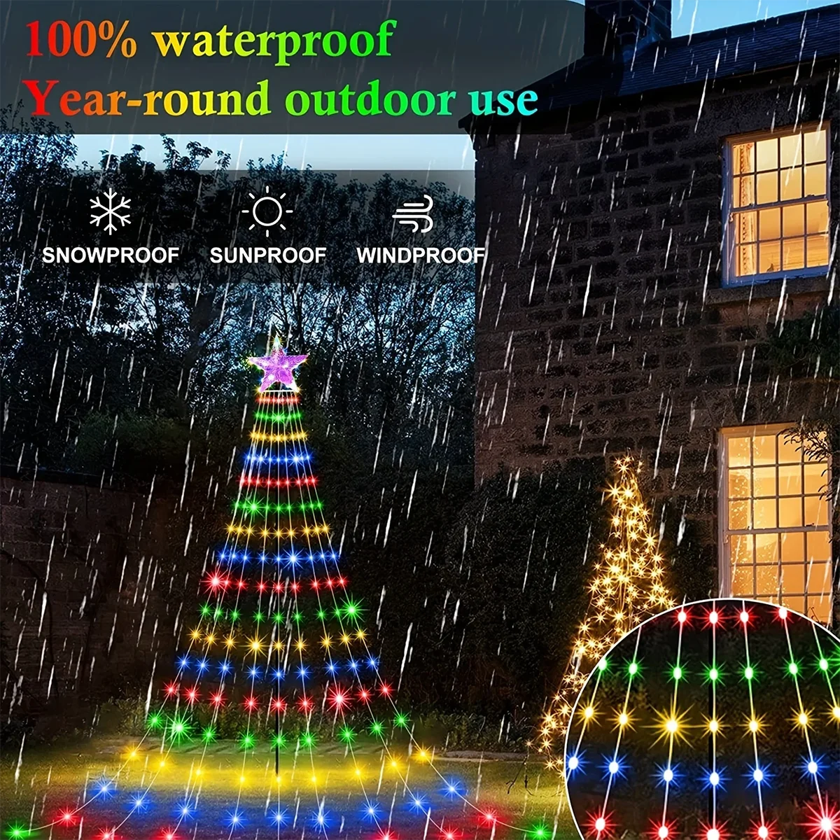 USB/Solar Christmas Tree Lights String Outdoor/Indoor Star Waterfall Lights 8 Modes for Party Halloween Christmas Festive Decor