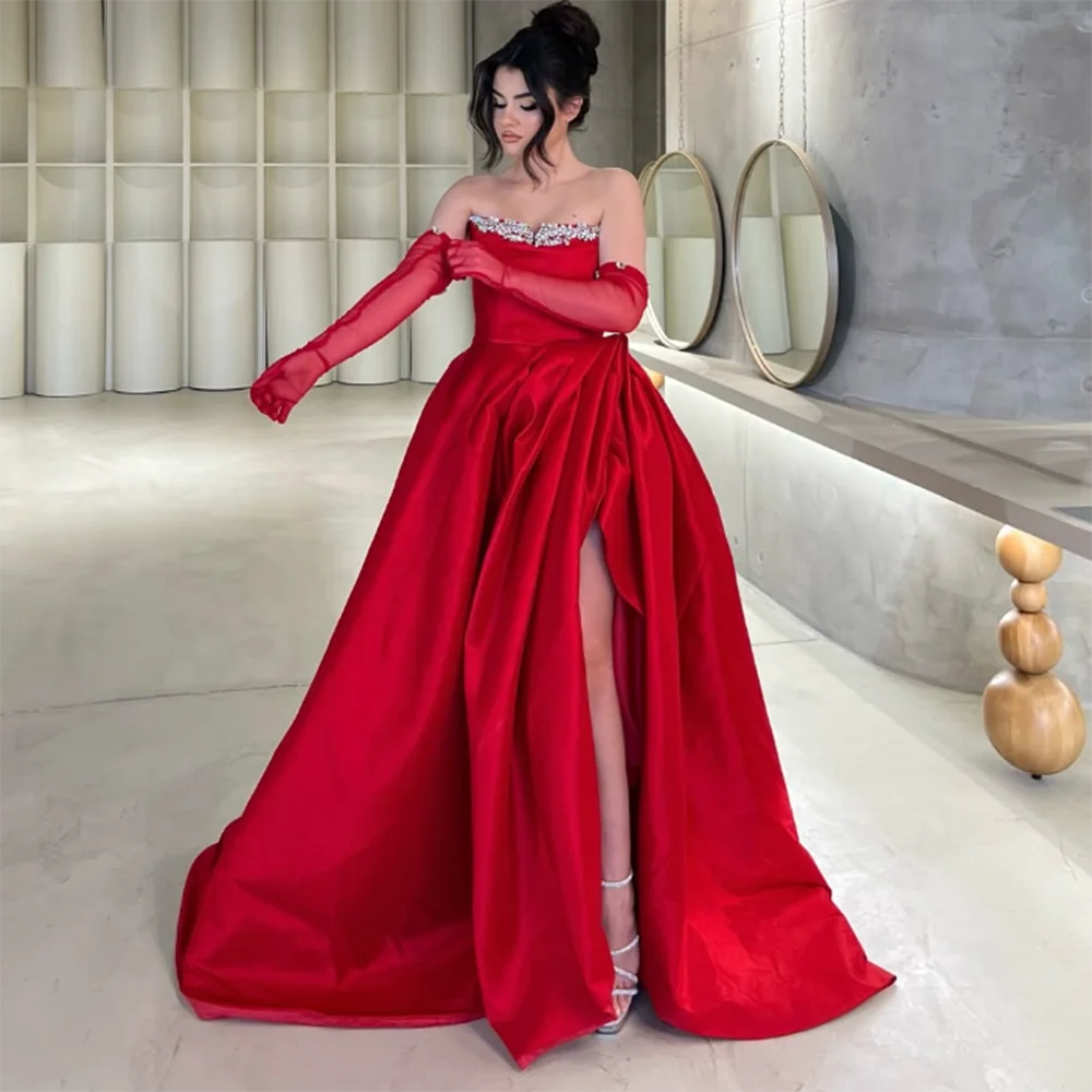 

Customized A-Line Prom Dresses Floor-length Strapless Full Sleeve Evening Gown Fashion Draped Side Split Crystal Party Gown