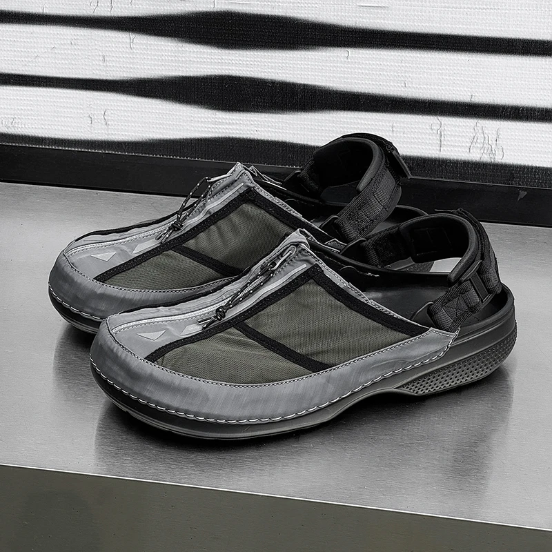 High end casual half drag Boken shoes, no heel, zipper decoration, breathable, suitable for couples outdoor lazy shoes