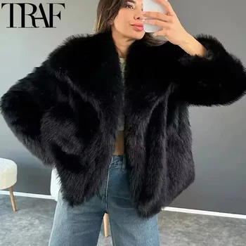 Image TRAF Winter Faux Fur Coat 2024 Woman New in coats Autumn Fur Plush Fluffy Jacket Warm Red Gray Black White Fur Coat Outerwears