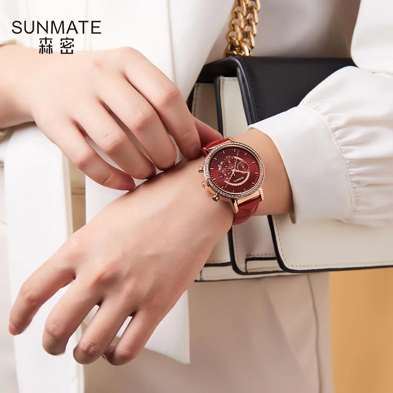 SUNMATE นาฬิกาผู้หญิงหรูหราและสง่างามระดับท็อป กลไกนำเข้า สายหนังแท้ นาฬิกาควอตซ์กันน้ำสำหรับผู้หญิง