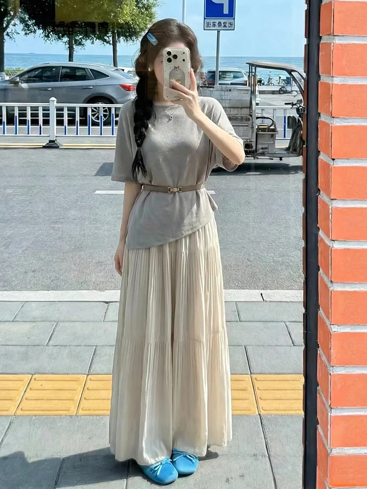 

Ele ort Sve Knitted Top Women's Summer Design Sense Small ence Upper Skirt Set Pleated Dr Faionable