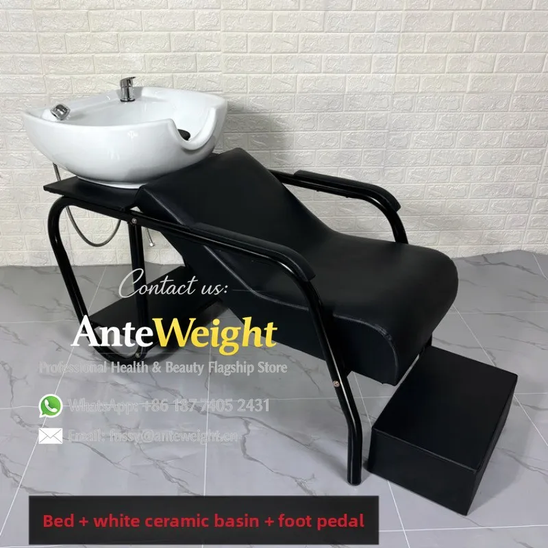 Salon Hair Shampoo Flushing Bed, Ceramic & Plastic Basin Hair Wash Station | Professional Reclining Rinse Bed for Barber Shop