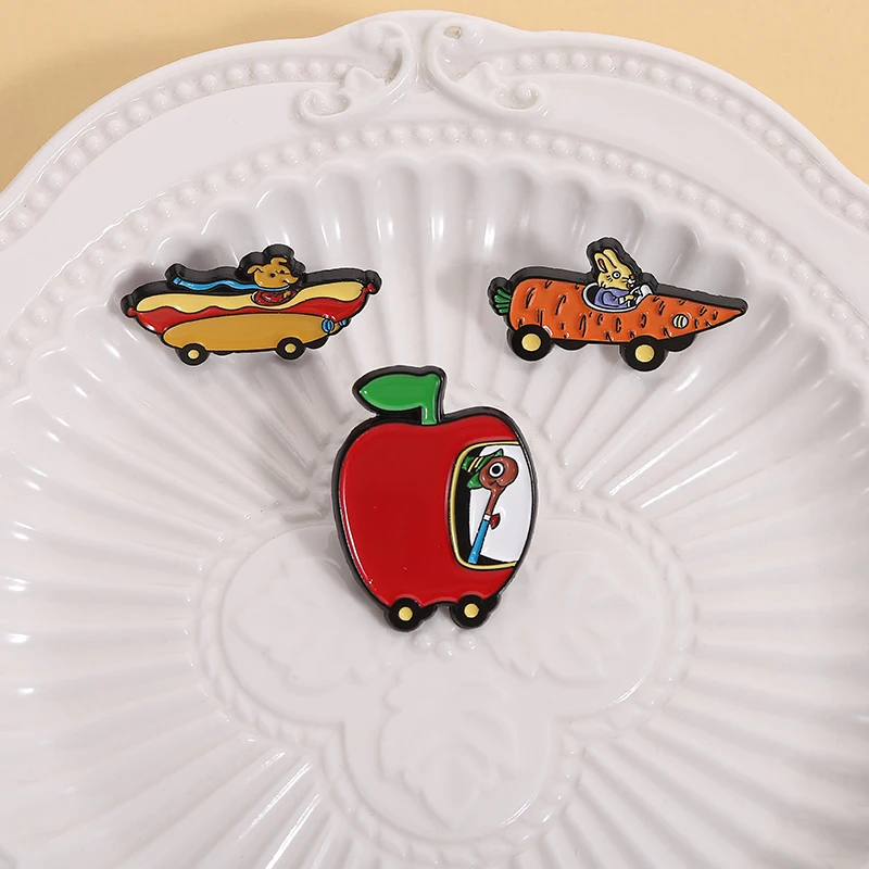 Apple Carrot Hot Dog Shaped Car Enamel Pin Children'S Cartoon Program Character Brooch Lapel Metal Badge Jewelry Accessory Gift
