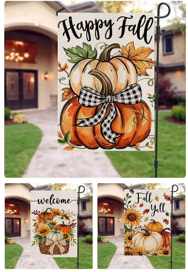 2 Stück Erntedankfest Gartenflagge mit Herbstkürbis-Aufdruck und Schriftzug, Dekorative Kleine Flagge für Thanksgiving-Dekorationen – Detail 5