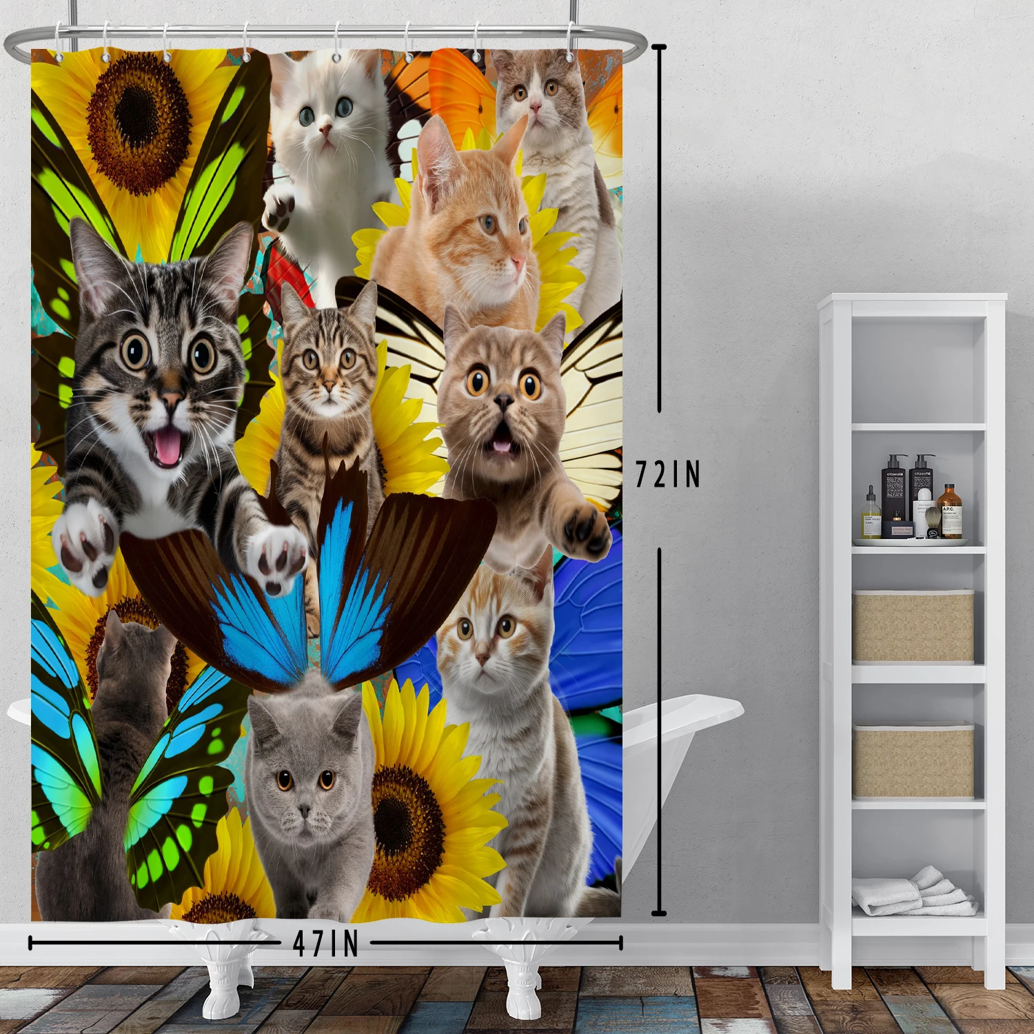 Interesting Cats Sunflower Shower Curtain Spring Butterfly Cute Cat Bath Partition Fabric Waterproof Hanging Curtain With Hooks