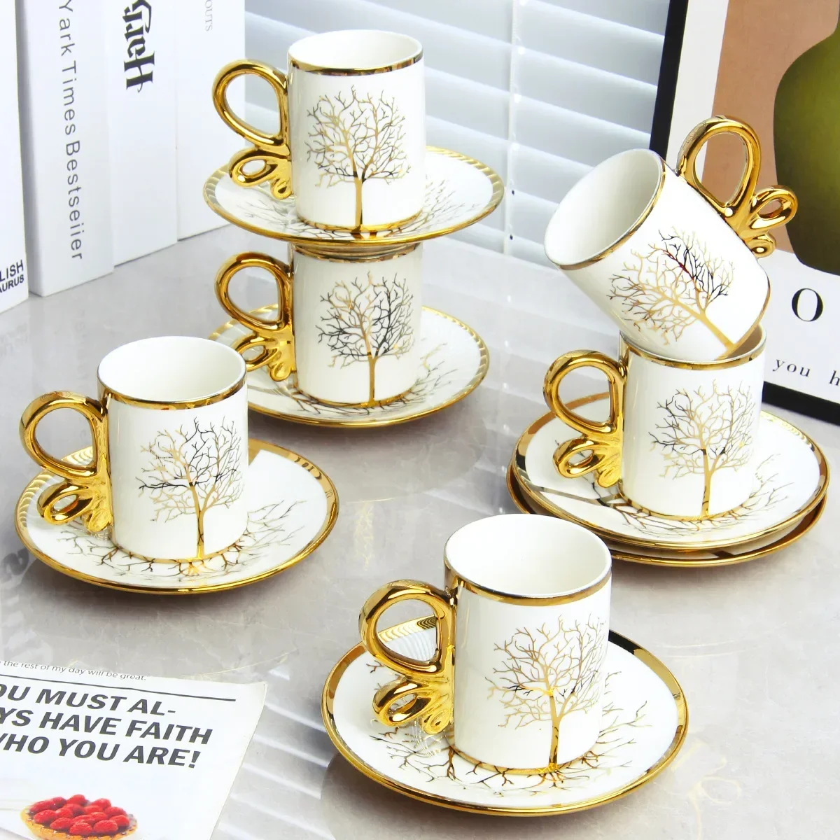 6 Cups 6 Saucers Ceramic Light Luxury Coffee Cup European High-end British Exquisite Cup and Saucer Tea Set