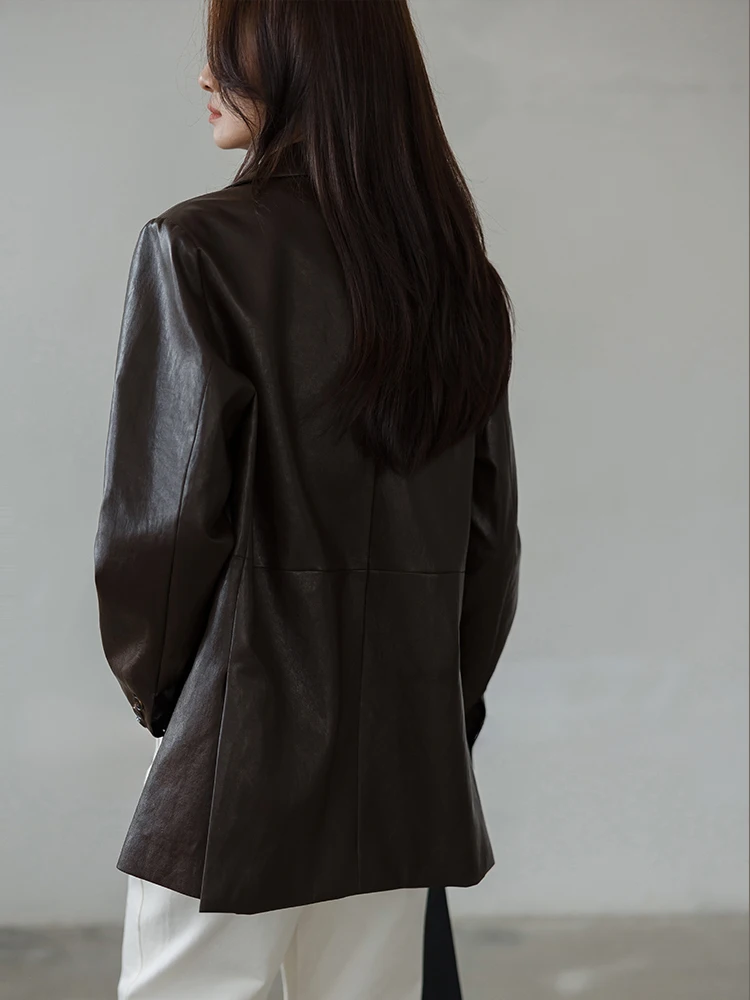 オリジナルヴィンテージブラックPUレザージャケット レディース ルーズフィットトップス 春2024 ファッションセンセーション 小さいサイズ対応コート