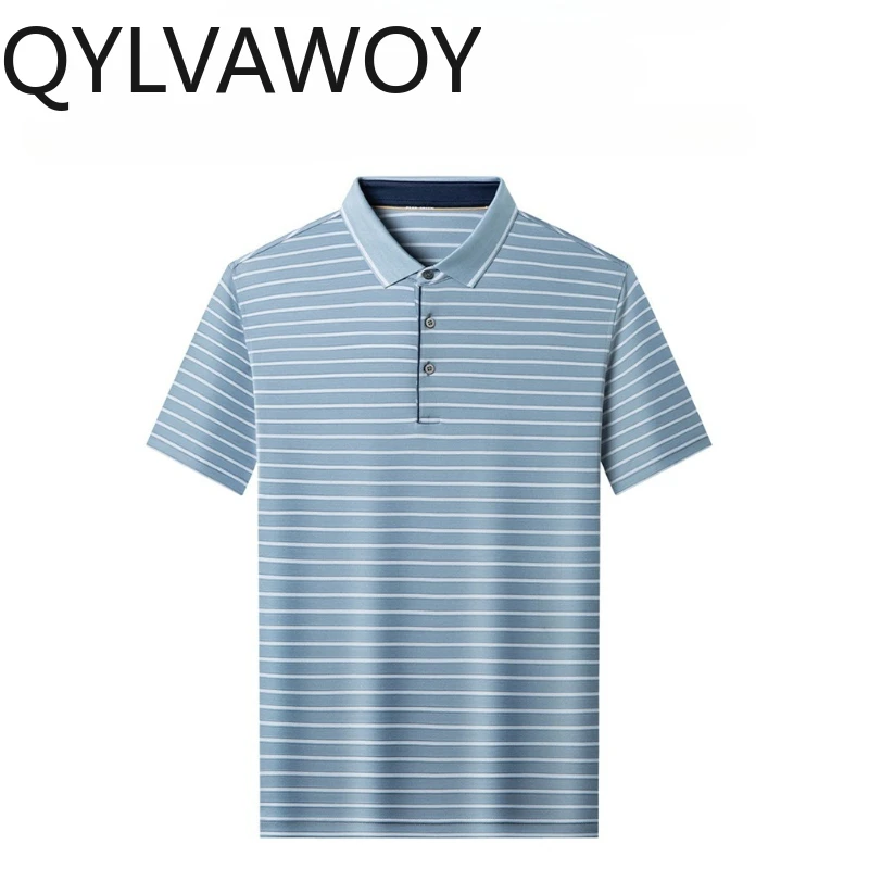 QYLVAWOY High Quality 100% Real Mulberry Silk T Shirts for Man Summer Striped Polo Shirt Man Light Luxury Tee Shirt Polos Homme