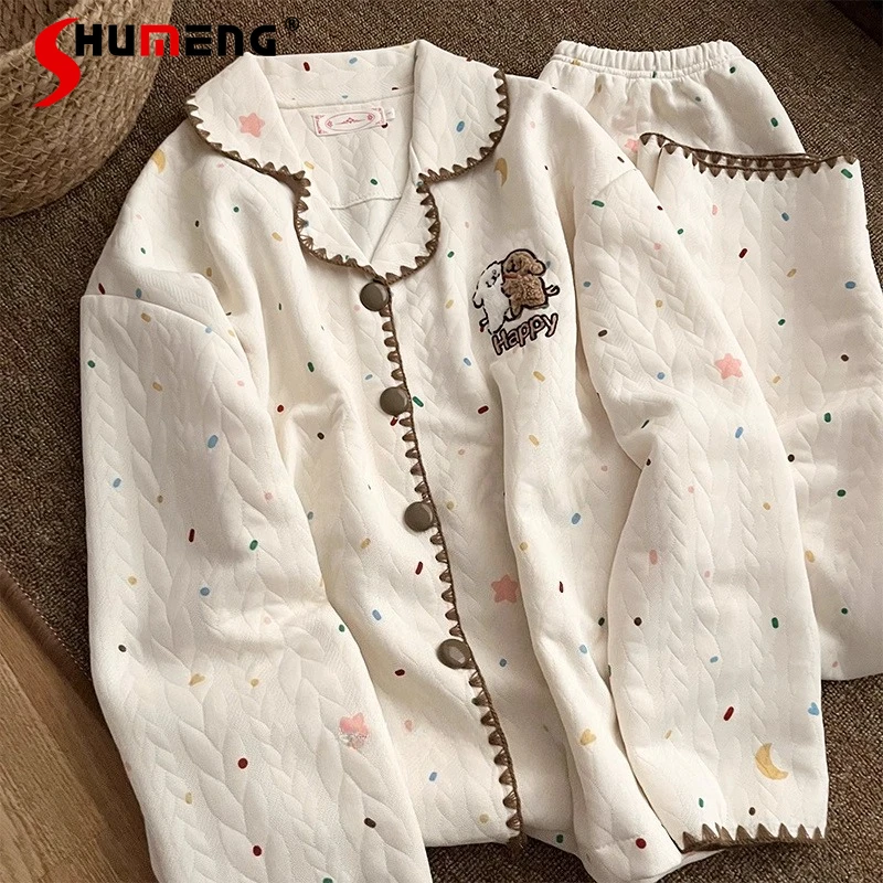 

Japanese Style Pajamas for Women INS Cotton Layered Thickened Warm Homewear Set Female Autumn Winter Puppy Nightwear Suits