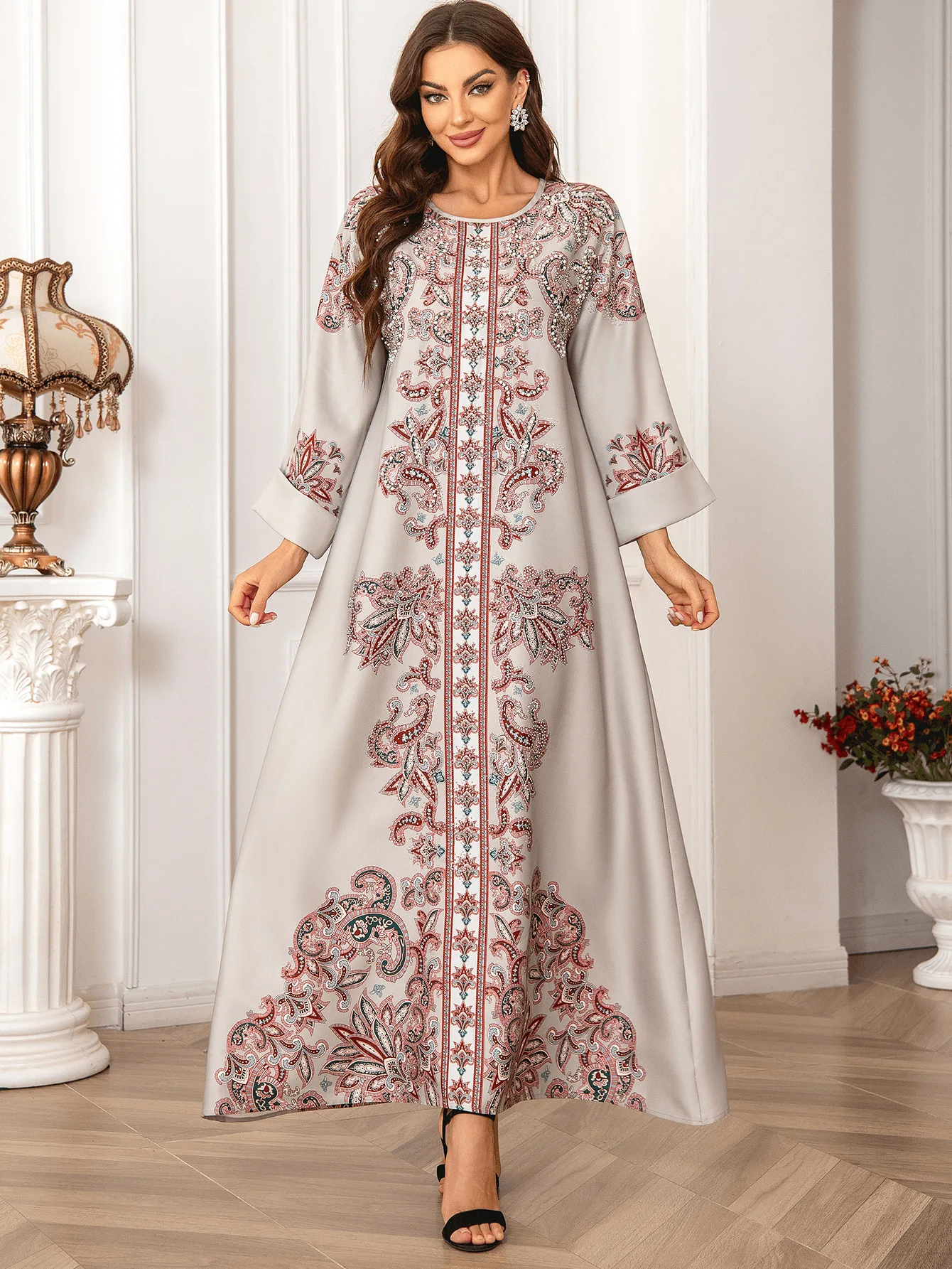 

Eid Muslim Beading Party Dress for Women Ramadan Abaya Long Dress Print Morocco Kaftan Vestidos Largos Dubai Robe Jalabiya 2024