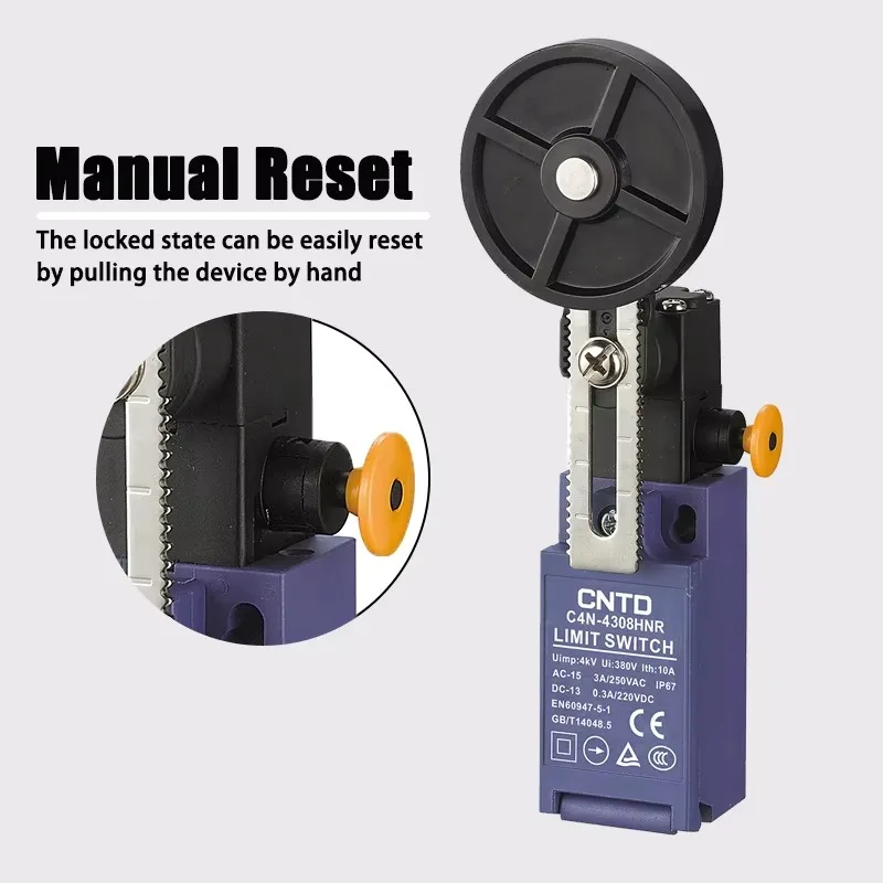 CNTD C4N-4308HNR Adjustable Ball Swing Rod Metal Swing Rod Rubber Ball Vertical Manual Reset Safety Limit Switch IP67 3A 250VAC