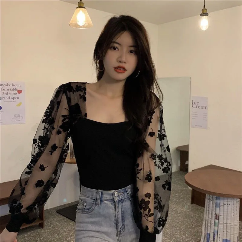 Zoki Sexy Mesh Patchwork Blouse Women Long Sleeve Print Cropped Elegant Shirts Korean Fashion Fall Slim Square Collar Sweet Tops