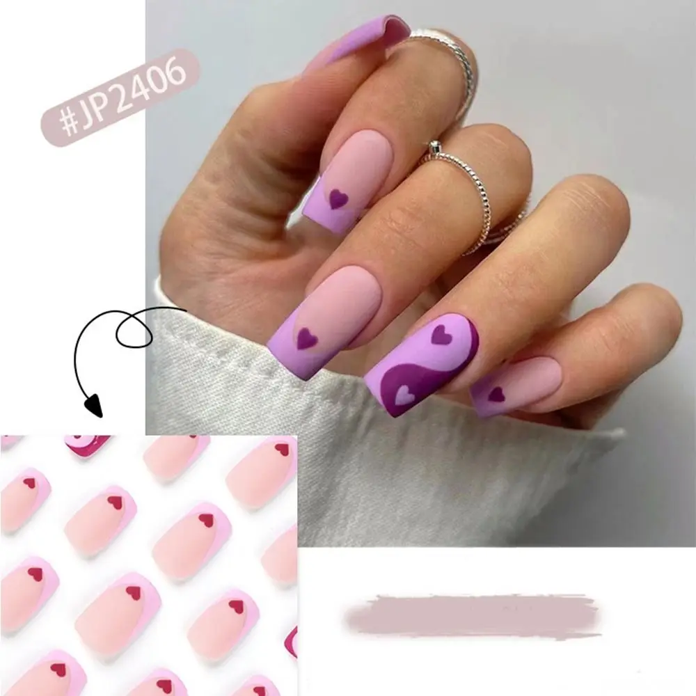 24pcs Nail Tips Fake Nials Press on Nails DIY Red Love Heart Short Square False Nails French