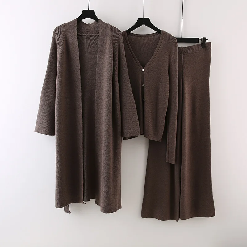 ZAMOR Women's Winter Long Wool Knit Cardigan and Wide Leg Pants Three Piece Set Casual Fashion Sweater Outfit
