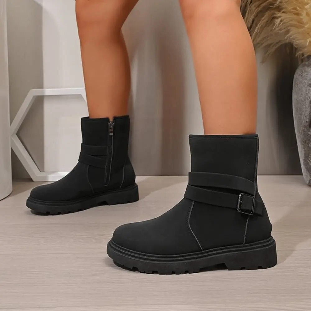

2025 Winter Flats Women Ankle Boots Fashion New Buckle Shoes Designer Chelsea Short Boots Elegant Dress Shoes Casual Zapatillas
