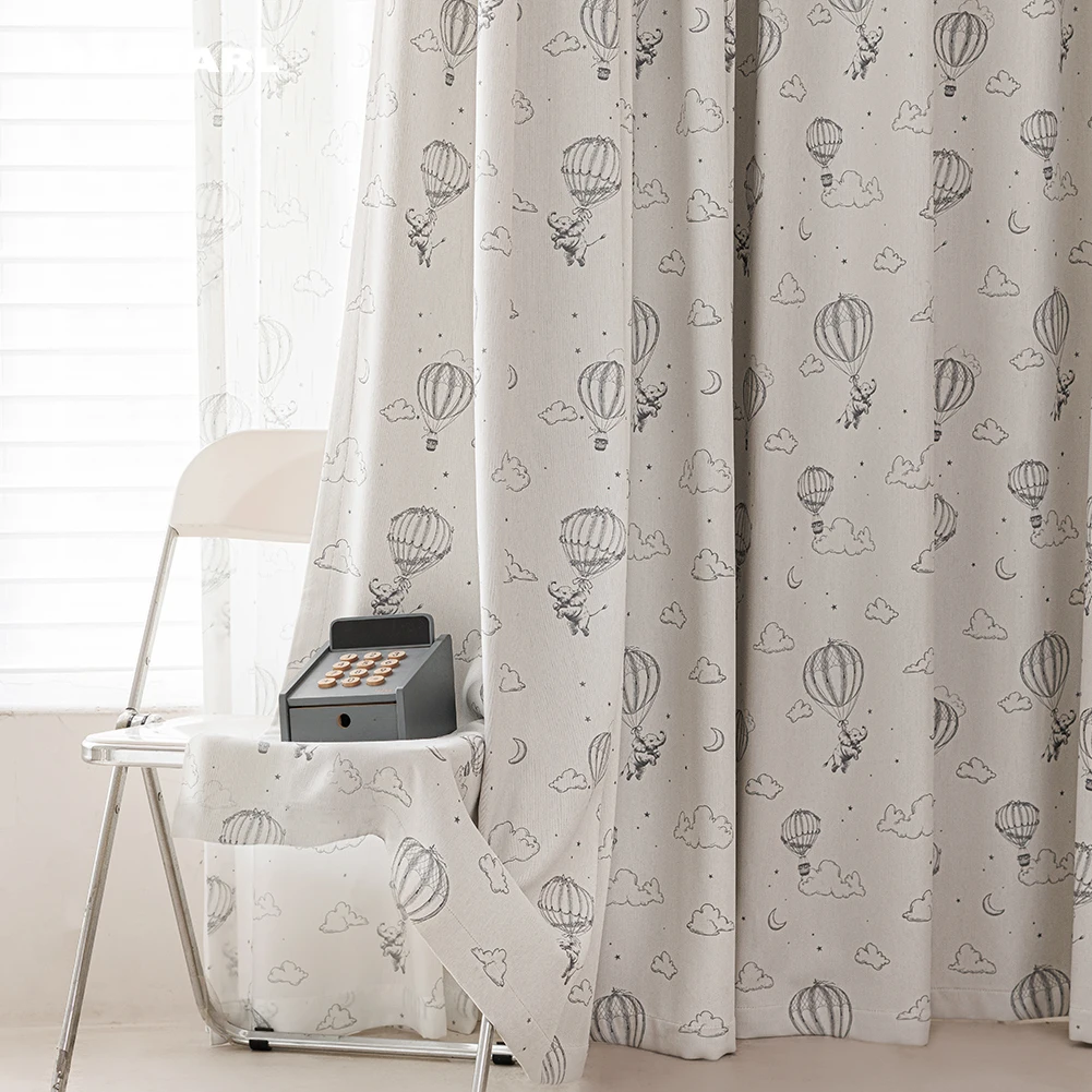 Vintage Sketch Elephant & Hot Air Balloon Print Blackout Curtains, 90% Blackout , Kids Bedroom Window Drapes, Whimsical Decor