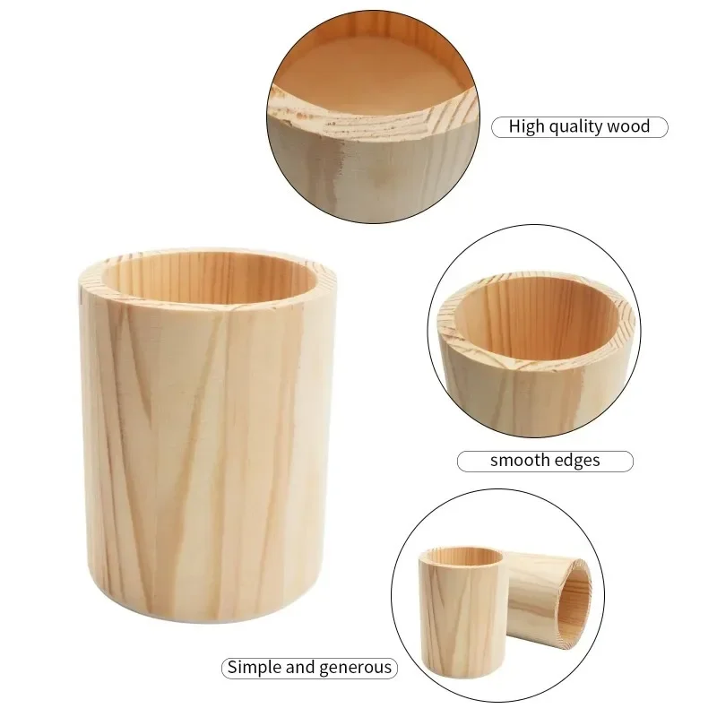 6PCS Wood Pen Holder Desk DIY Pencil Cup Makeup Brush Holder Desktop Organizer Storage Case Stationery for School Office Supply