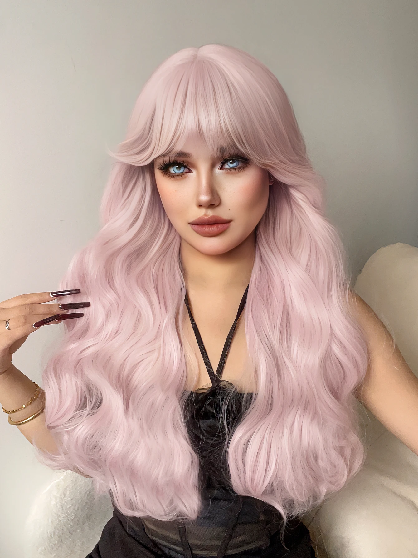 26Inch Macaron Pink Color Synthetic Wigs With Bang Long Natural Wavy Hair Wig for Women Daily Use Cosplay Daily Heat Resistant