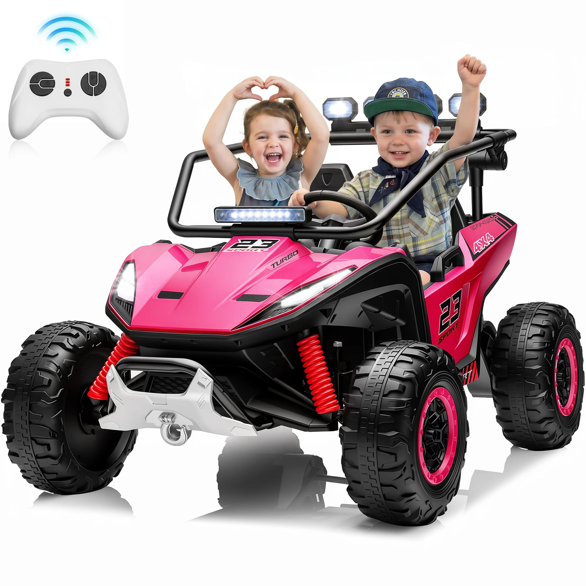 24V 4WD Kids Ride On UTV Buggy 2 Seater Electric Car for Kids 4 Powerful Motor Parental Remote Control LED Lights Bluetooth Music 4-Wheel Independent Suspension Kids Electric Off-Road Vehicle Toy Car Gift for Kids