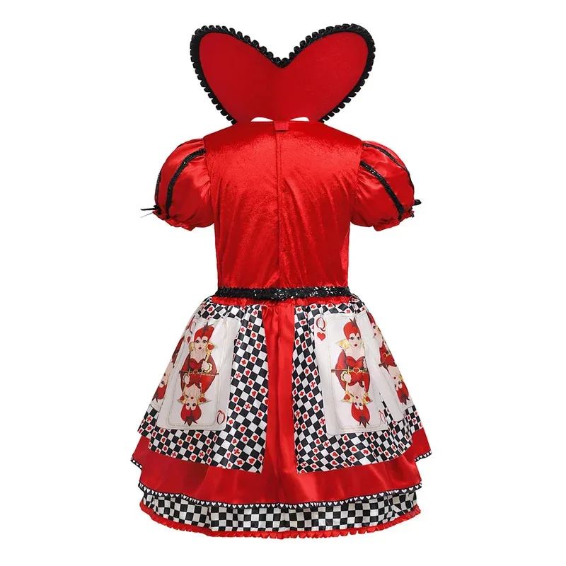 فستان الأميرة التنكري لملكة القلوب للفتيات بلاد العجائب بوكر الأحمر الملكة أداء المسرح زي أطفال أليس ملابس فاخرة