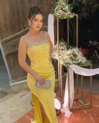Aenyrst customized Yellow Square Neck Prom Gown Women Beaded Mermaid Party Evening Dress Ankle Length Formal Occasion Dresses