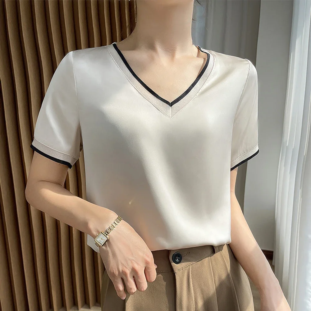 Women Tops Leisure Party Plain Satin Short Sleeve Silk Strech Summer Blouse T Shirt Elegant Tunic Tops Stylish