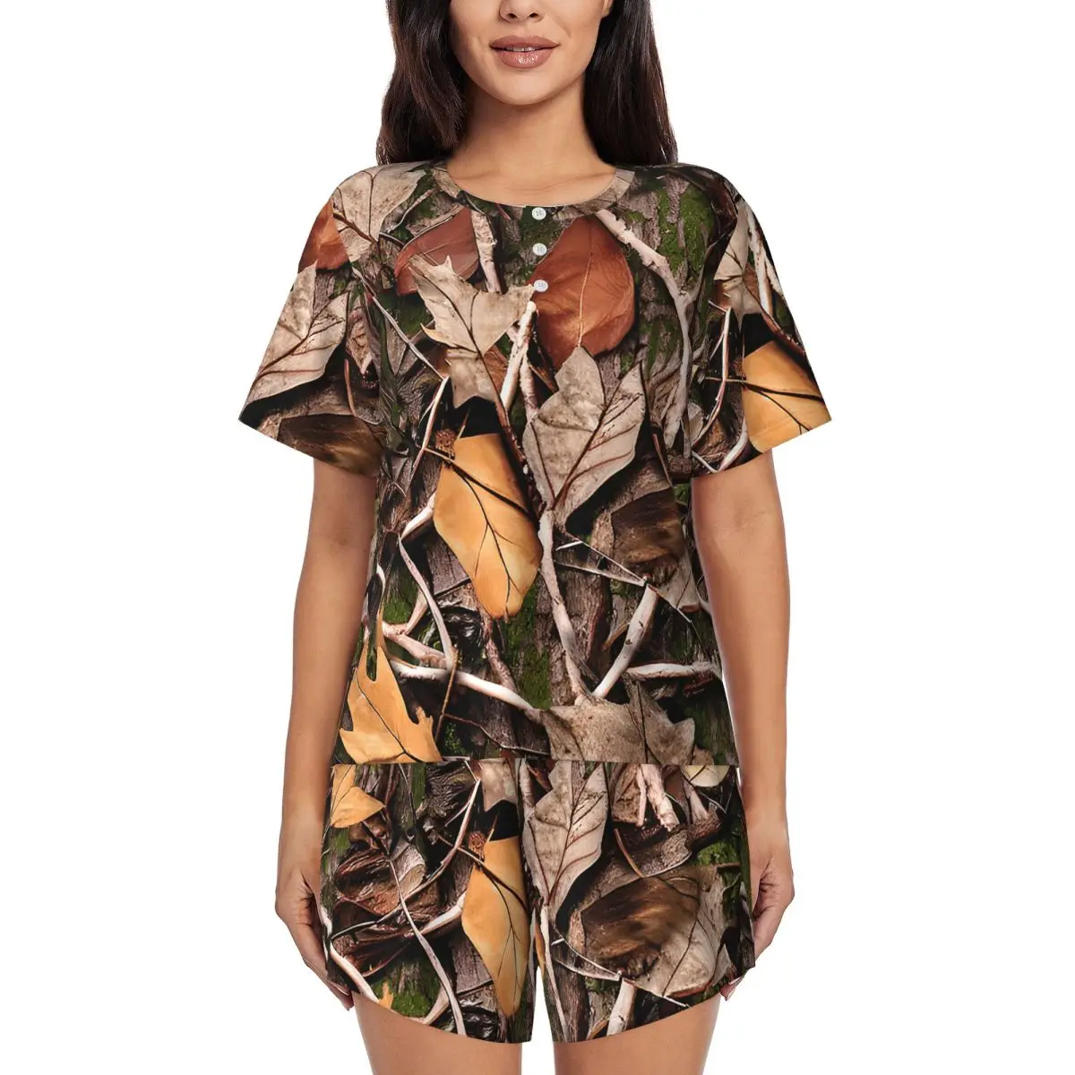 

Реалистичный камуфляжный пижамный комплект с принтом листьев и веток: ночная рубашка с круглым вырезом и коротким рукавом, мягкие шорты для сна, женский комплект пижамы