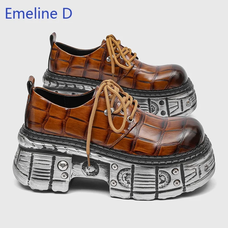 Men Crocodile Texture Platform Shoes Round Toe Lace Up Metal Rivet Vintage Thick Block Sole Punk Street Fashion Oxford Footwear