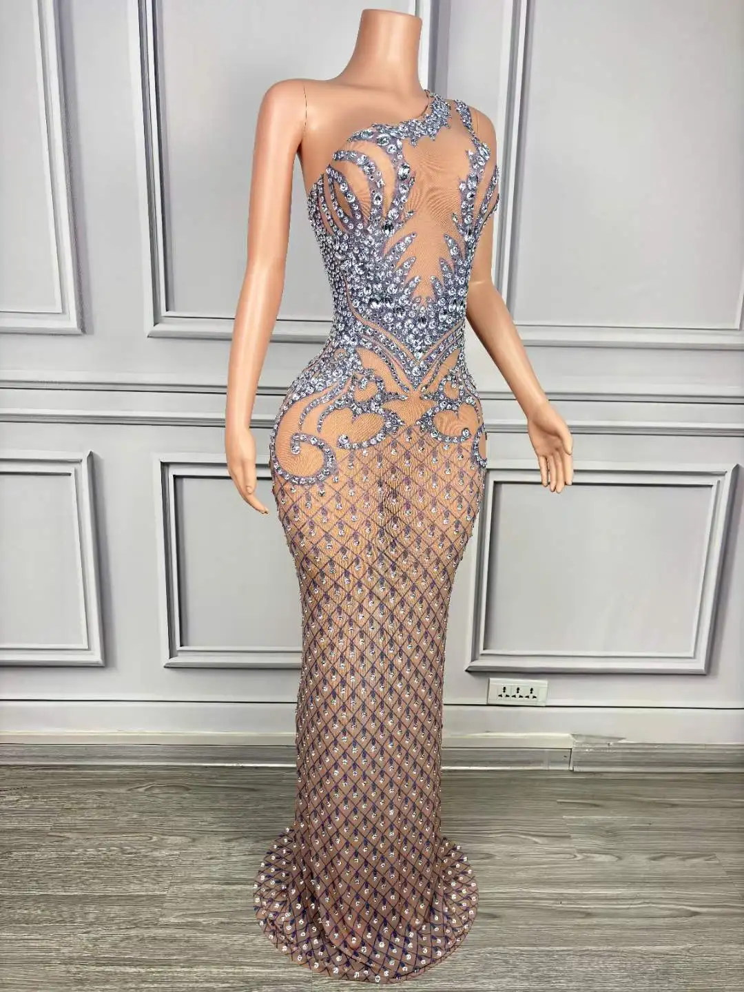 Flash Shinning Sleeveless Rhinestone Crystals Long Dress For Women Mesh Sheer See Thru Show Singer Stage Wear Mardi Gras Bling