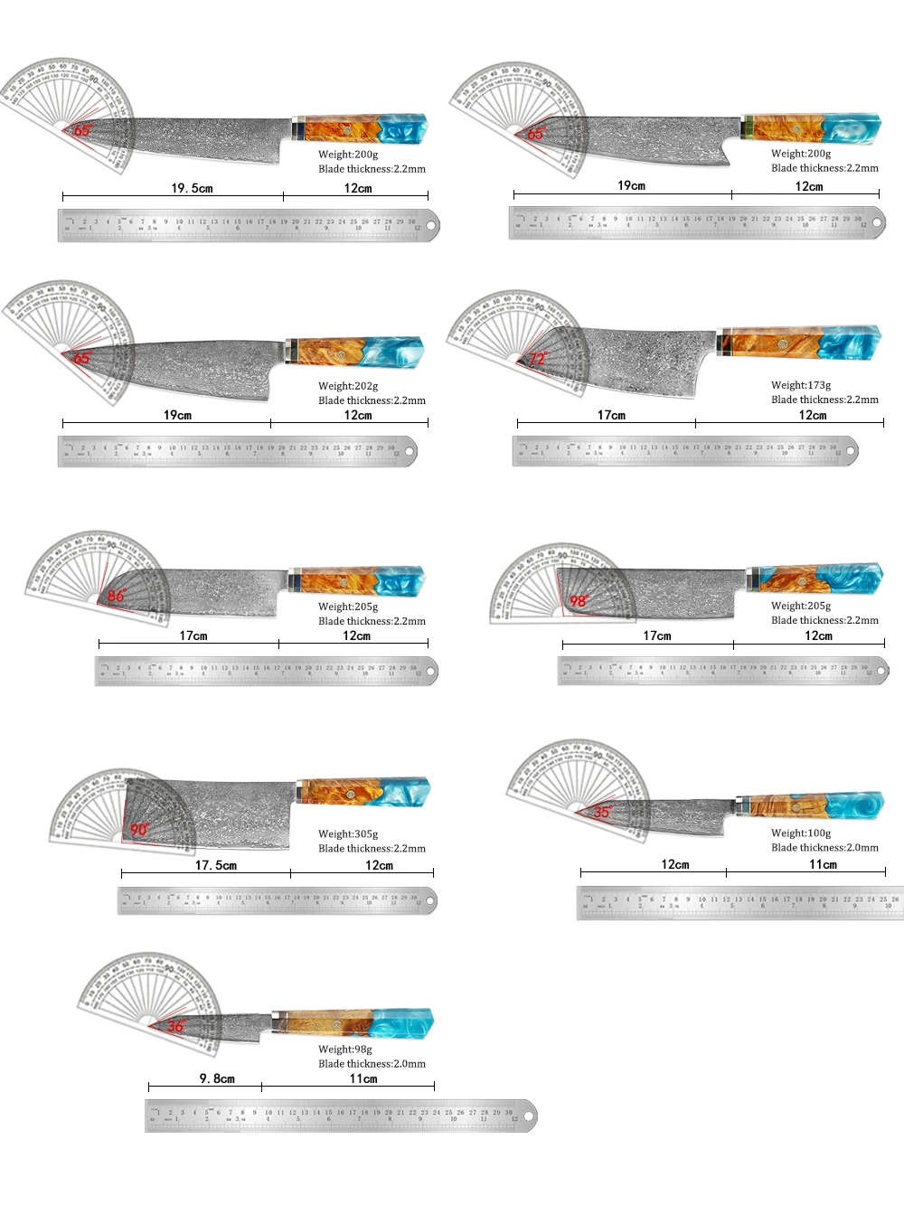 XITUO Kitchen Damascus Knife Set 1-9PC Set Japanese Damascus Steel Chef Knife Santoku Paring Knives Blue Resin and Wood Handle